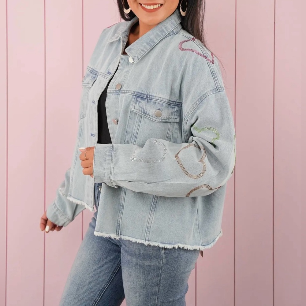 New! Rhinestone Heart Detail Denim Jacket